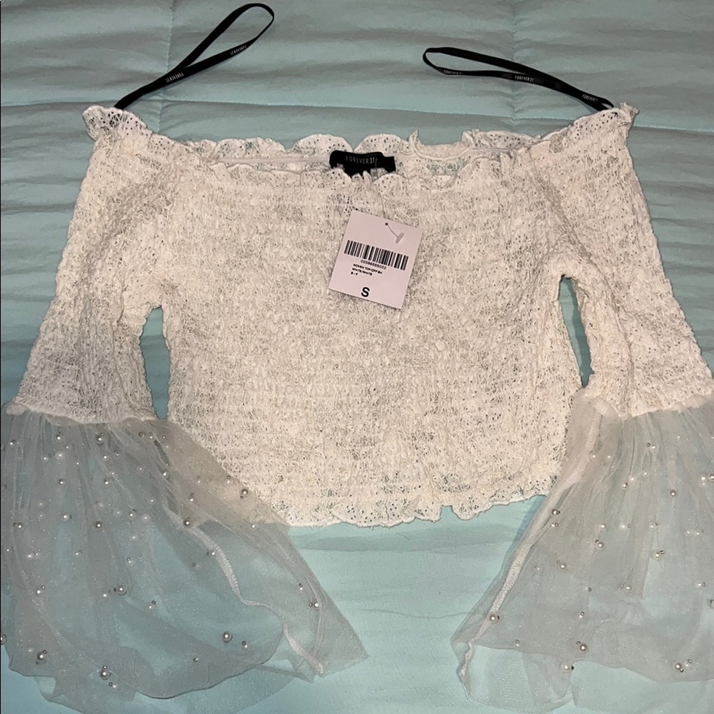 White Off-Shoulder Lace Top with Sheer Sleeves